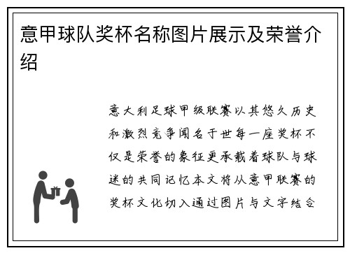 意甲球队奖杯名称图片展示及荣誉介绍
