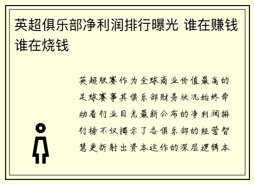 英超俱乐部净利润排行曝光 谁在赚钱谁在烧钱