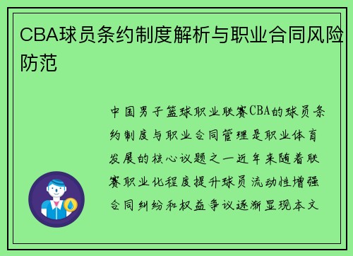CBA球员条约制度解析与职业合同风险防范