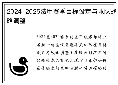 2024-2025法甲赛季目标设定与球队战略调整